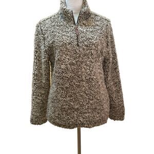 Fuzzy Fleece Quarter Zip Pullover Sweater Brown Cozy Winter Warm